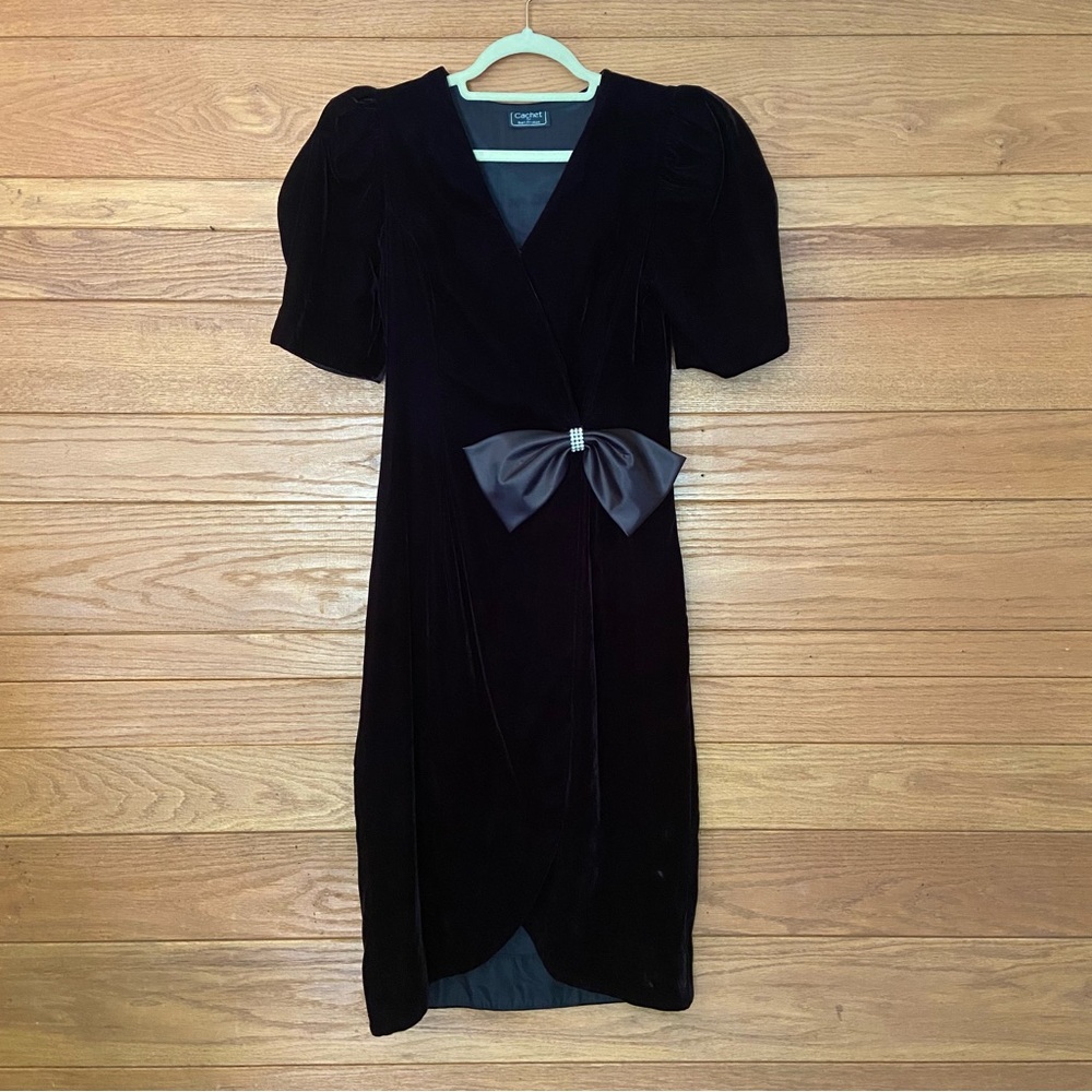 Vintage 80s Cachet black velvet bow wrap dress
